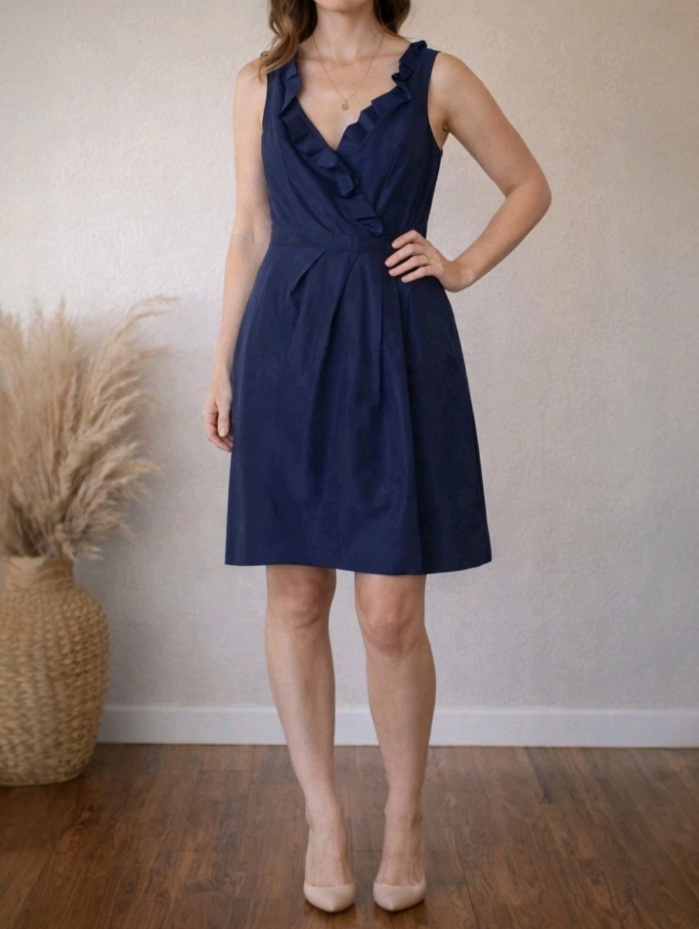 J. Crew Blakely Silk Taffeta Dress Size 6 Navy Blue Ruffle Faux Wrap Cocktail